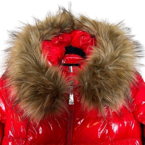 ZIAI Wet Look Red Puffer Hooded Jacket w/ Detachable Faux Fur Trim - Picture 4 of 16